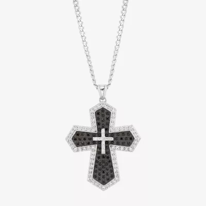 Made in Italy Mens Black Spinel Sterling Silver Cross 22 Inch Pendant Necklace