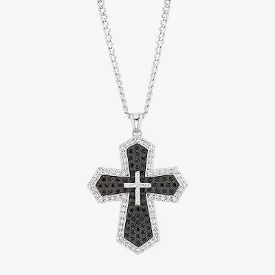 Made in Italy Mens Black Spinel Sterling Silver Cross 22 Inch Pendant Necklace