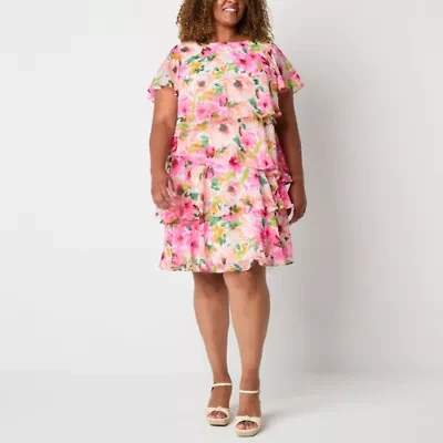 Jessica Howard Womens Short Sleeve Floral Plus Shift Dress