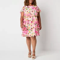 Jessica Howard Womens Plus Short Sleeve Floral Shift Dress
