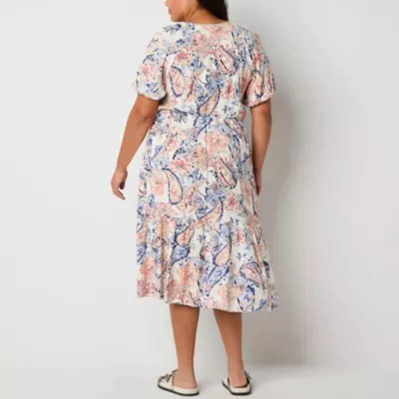 Frye and Co. Womens Plus Short Sleeve Midi Fit + Flare Dress