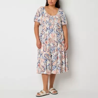 Frye and Co. Womens Plus Short Sleeve Midi Fit + Flare Dress