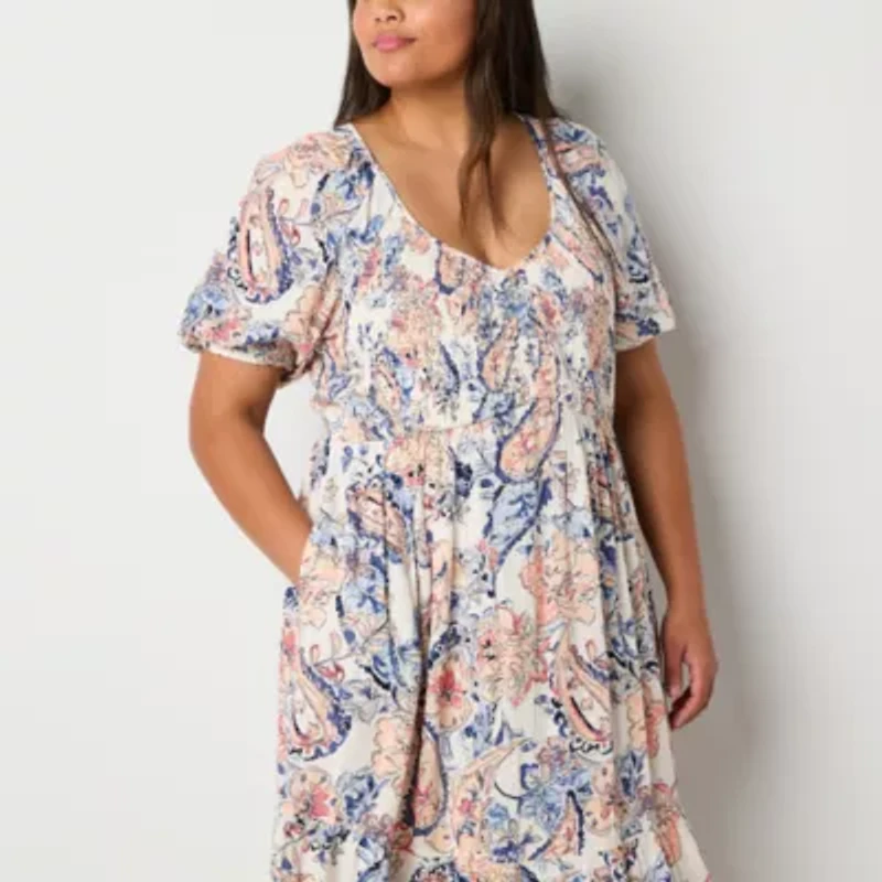 Frye and Co. Womens Plus Short Sleeve Midi Fit + Flare Dress