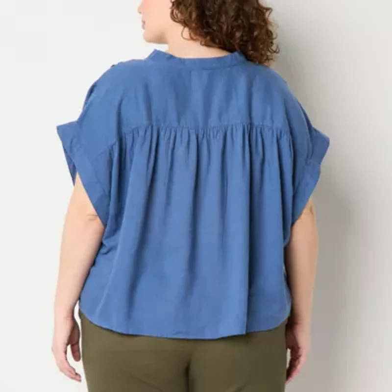 a.n.a Womens Split Crew Neck Short Sleeve Plus Blouse