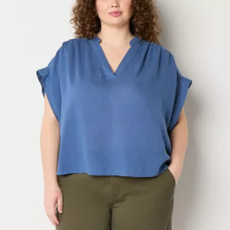 a.n.a Womens Split Crew Neck Short Sleeve Plus Blouse