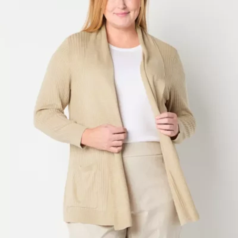 Liz Claiborne Womens Long Sleeve Open Front Plus Cardigan