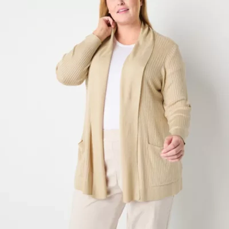 Liz Claiborne Womens Long Sleeve Open Front Plus Cardigan