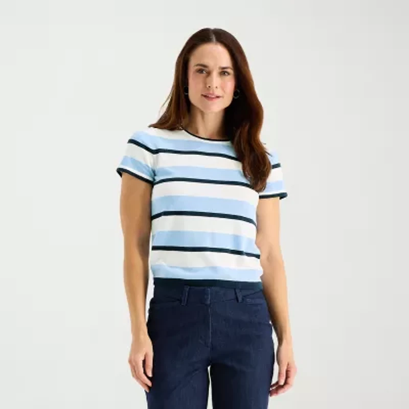 Liz Claiborne Tall Womens Crew Neck Short Sleeve Striped Pullover Sweater