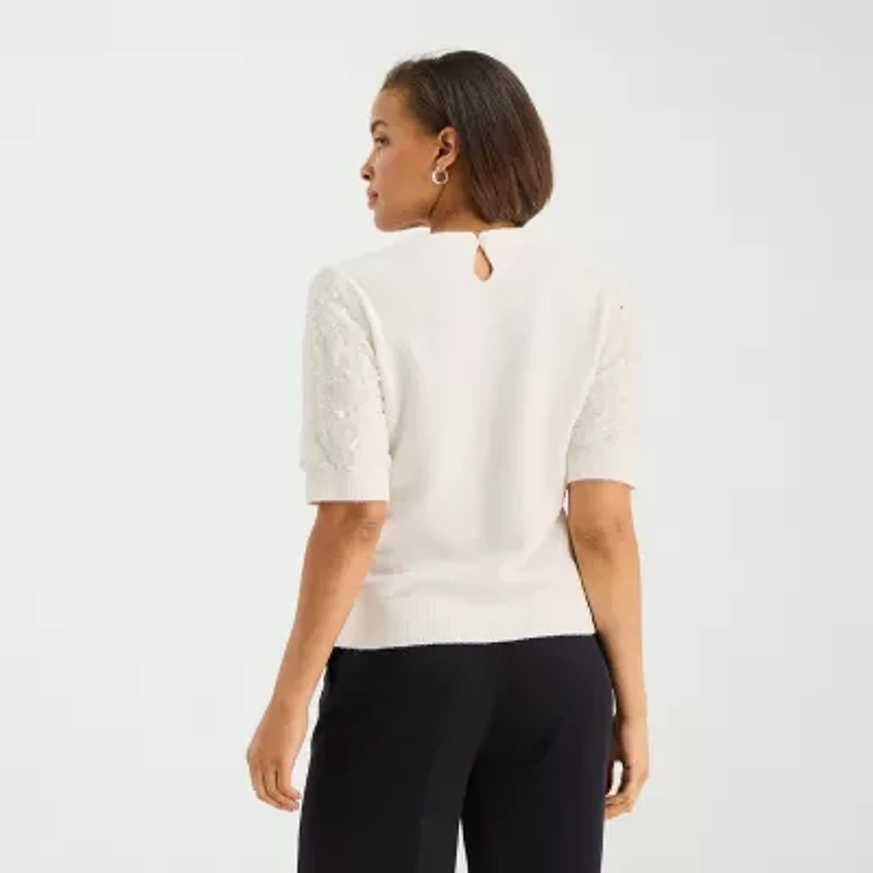 Liz Claiborne Petite Womens Crew Neck Short Sleeve Pullover Sweater