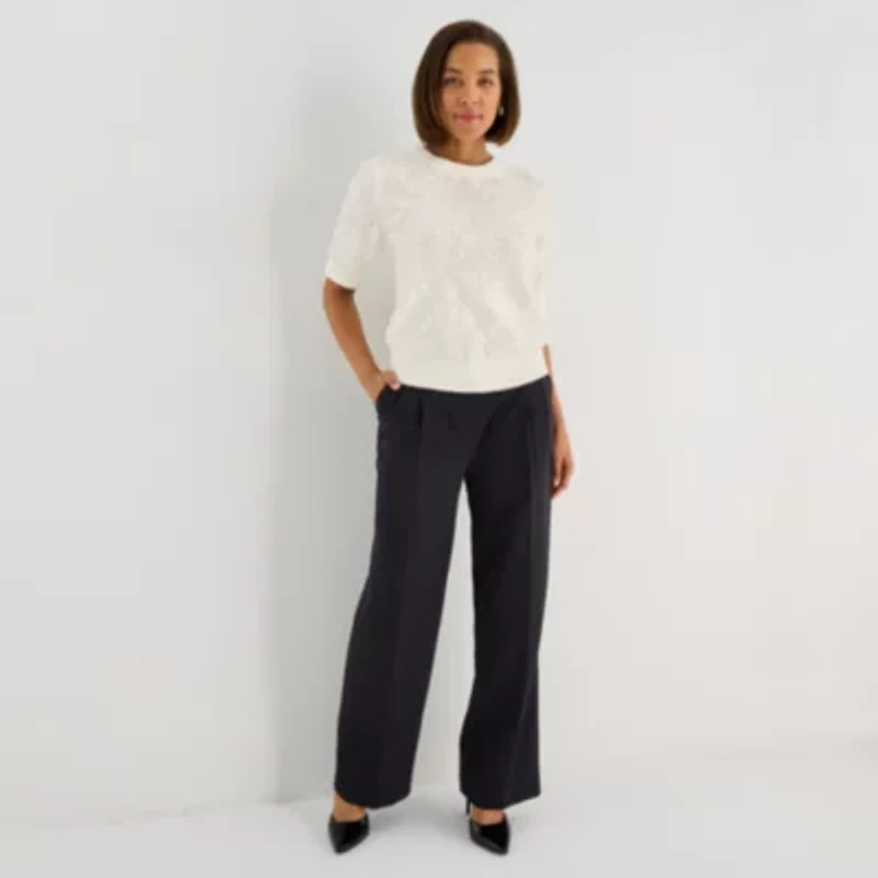 Liz Claiborne Petite Womens Crew Neck Short Sleeve Pullover Sweater