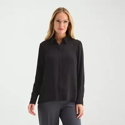 Liz Claiborne Womens Petite Fitted Long Sleeve Regular Fit Button-Down Shirt