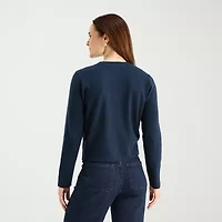 Liz Claiborne Womens Crew Neck Long Sleeve Button Petite Cardigan