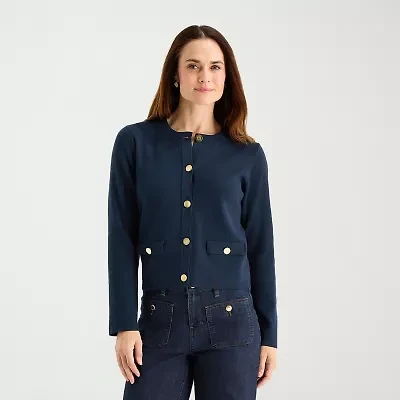 Liz Claiborne Womens Crew Neck Long Sleeve Button Petite Cardigan