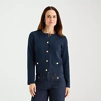 Liz Claiborne Womens Crew Neck Long Sleeve Button Petite Cardigan