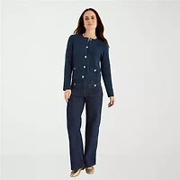 Liz Claiborne Womens Crew Neck Long Sleeve Button Petite Cardigan