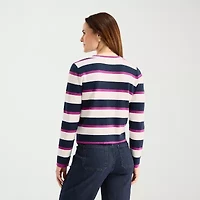 Liz Claiborne Womens Crew Neck Long Sleeve Button Petite Striped Cardigan