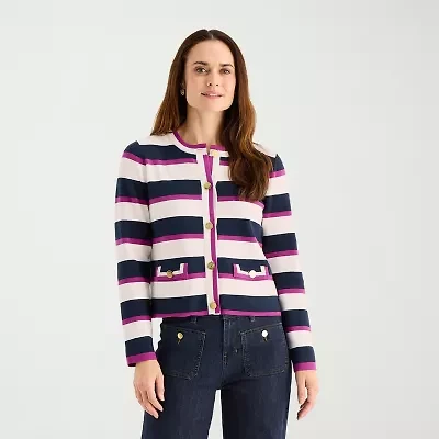 Liz Claiborne Womens Crew Neck Long Sleeve Button Petite Striped Cardigan
