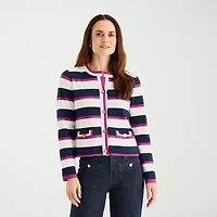 Liz Claiborne Womens Crew Neck Long Sleeve Button Petite Striped Cardigan