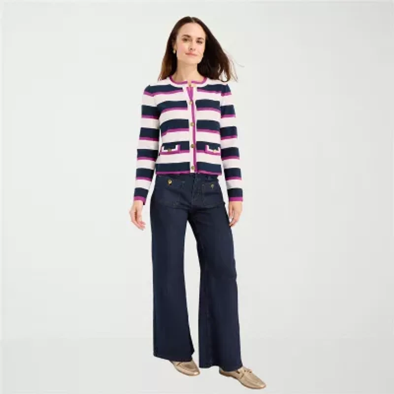 Liz Claiborne Womens Crew Neck Long Sleeve Button Petite Striped Cardigan