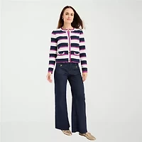 Liz Claiborne Womens Crew Neck Long Sleeve Button Petite Striped Cardigan