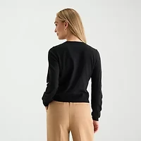 Liz Claiborne Womens Crew Neck Long Sleeve Button Petite Cardigan