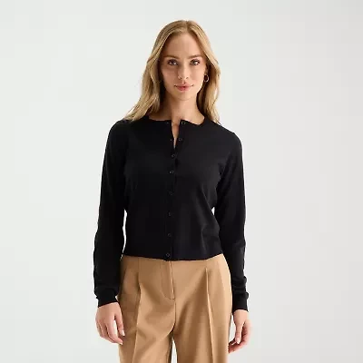 Liz Claiborne Womens Crew Neck Long Sleeve Button Petite Cardigan