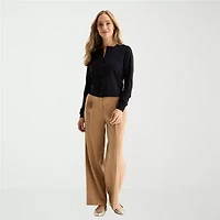 Liz Claiborne Womens Crew Neck Long Sleeve Button Petite Cardigan