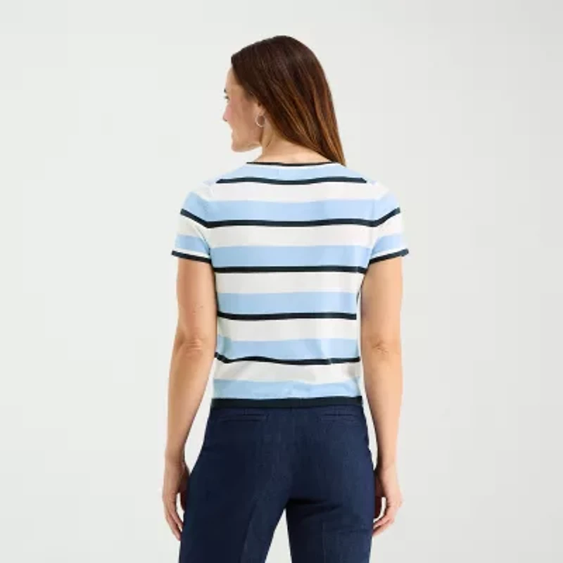 Liz Claiborne Petite Womens Crew Neck Short Sleeve Striped Cable Knit Pullover Sweater