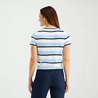Liz Claiborne Petite Womens Crew Neck Short Sleeve Striped Cable Knit Pullover Sweater