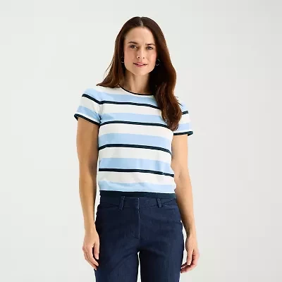 Liz Claiborne Petite Womens Crew Neck Short Sleeve Striped Cable Knit Pullover Sweater