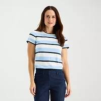 Liz Claiborne Petite Womens Crew Neck Short Sleeve Striped Cable Knit Pullover Sweater