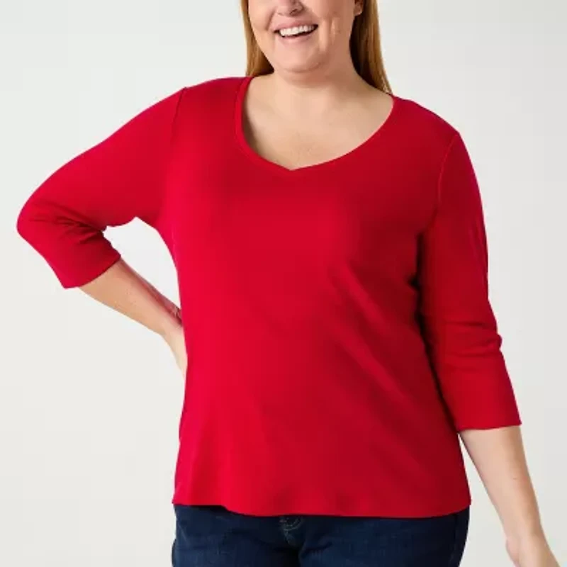 St. John's Bay Womens Plus V Neck 3/4 Sleeve T-Shirt