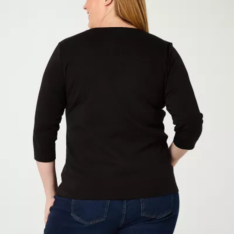 St. John's Bay Womens Plus V Neck 3/4 Sleeve T-Shirt