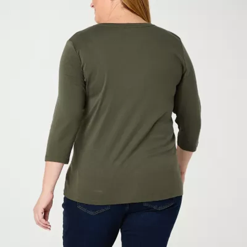 St. John's Bay Womens Plus V Neck 3/4 Sleeve T-Shirt