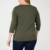 St. John's Bay Womens Plus V Neck 3/4 Sleeve T-Shirt