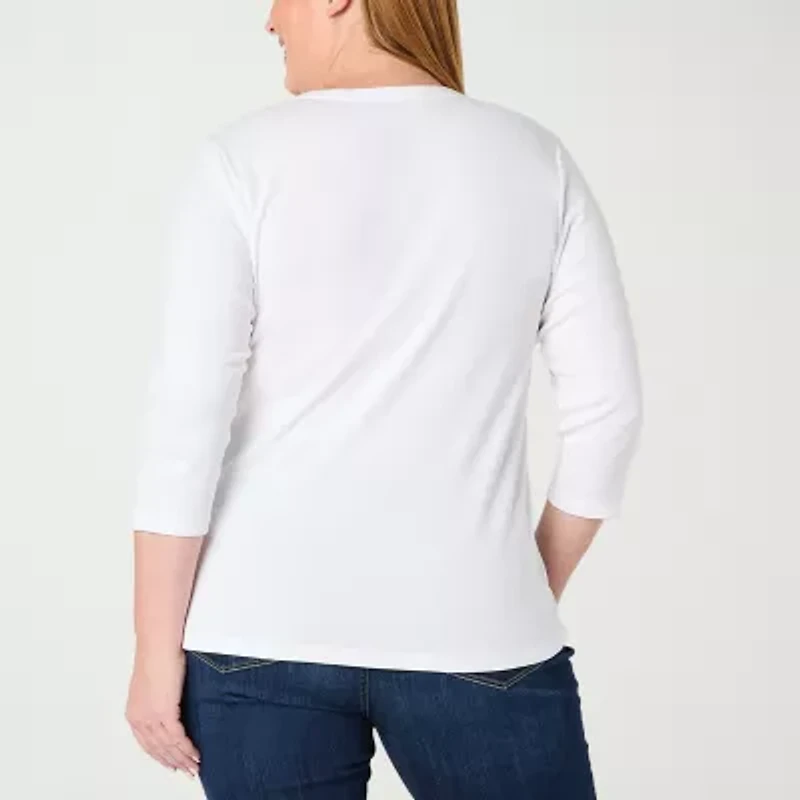St. John's Bay Womens Plus V Neck 3/4 Sleeve T-Shirt