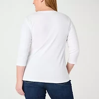 St. John's Bay Womens Plus V Neck 3/4 Sleeve T-Shirt