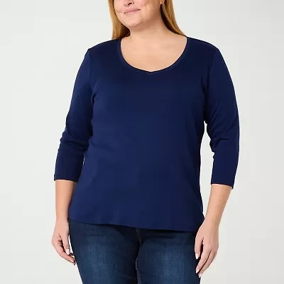 St. John's Bay Womens Plus V Neck 3/4 Sleeve T-Shirt