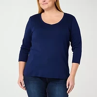 St. John's Bay Womens Plus V Neck 3/4 Sleeve T-Shirt