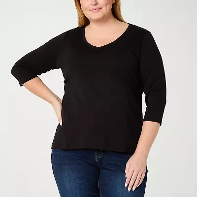 St. John's Bay Womens Plus V Neck 3/4 Sleeve T-Shirt