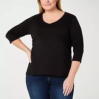 St. John's Bay Womens Plus V Neck 3/4 Sleeve T-Shirt