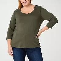 St. John's Bay Womens Plus V Neck 3/4 Sleeve T-Shirt