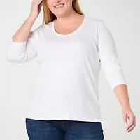 St. John's Bay Womens Plus V Neck 3/4 Sleeve T-Shirt