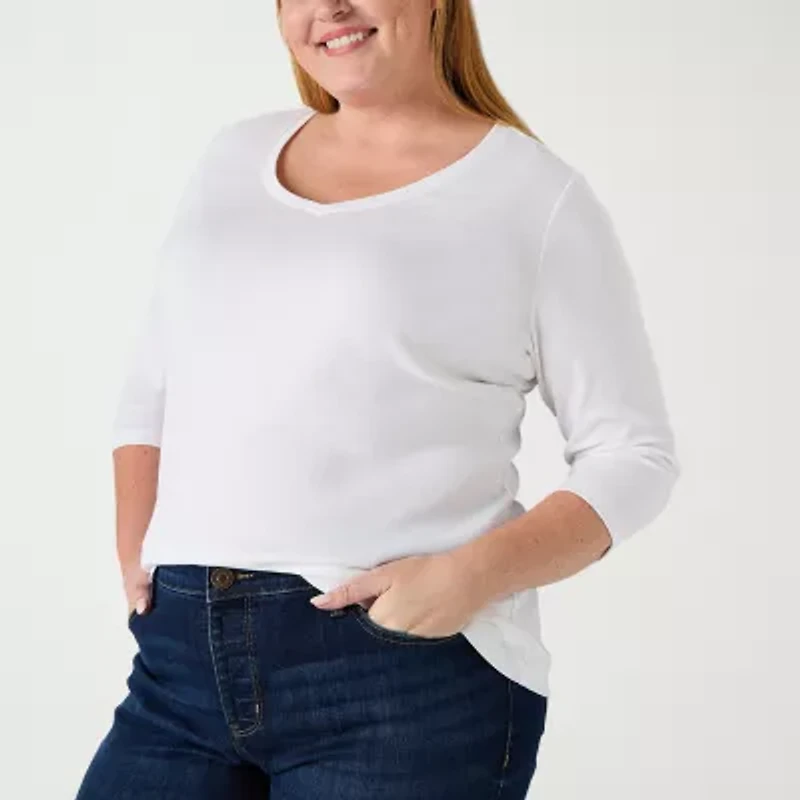 St. John's Bay Womens Plus V Neck 3/4 Sleeve T-Shirt
