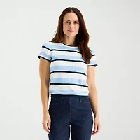 Liz Claiborne Plus Womens Crew Neck Short Sleeve Striped Pullover Sweater