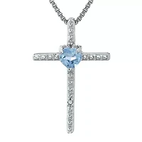 Simulated Aquamarine and Diamond-Accent Sterling Silver Cross and Heart Pendant Necklace