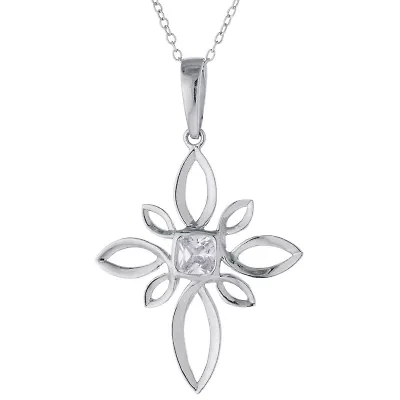 Cubic Zirconia Sterling Silver Elaborate Cross Pendant Necklace