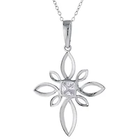 Cubic Zirconia Sterling Silver Elaborate Cross Pendant Necklace