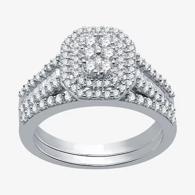 I Said Yes (H-I / I1) Womens 1 CT. T.W. Lab Grown White Diamond Sterling Silver or 14K Gold Over Side Stone Halo Bridal Set