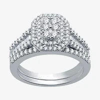 I Said Yes (H-I / I1) Womens 1 CT. T.W. Lab Grown White Diamond Sterling Silver or 14K Gold Over Side Stone Halo Bridal Set